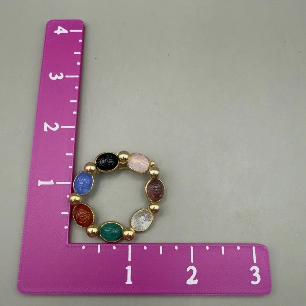 Vintage Gold Tone Scarab Circle Wreath Brooch Multicolor Carved Glass Egyptian